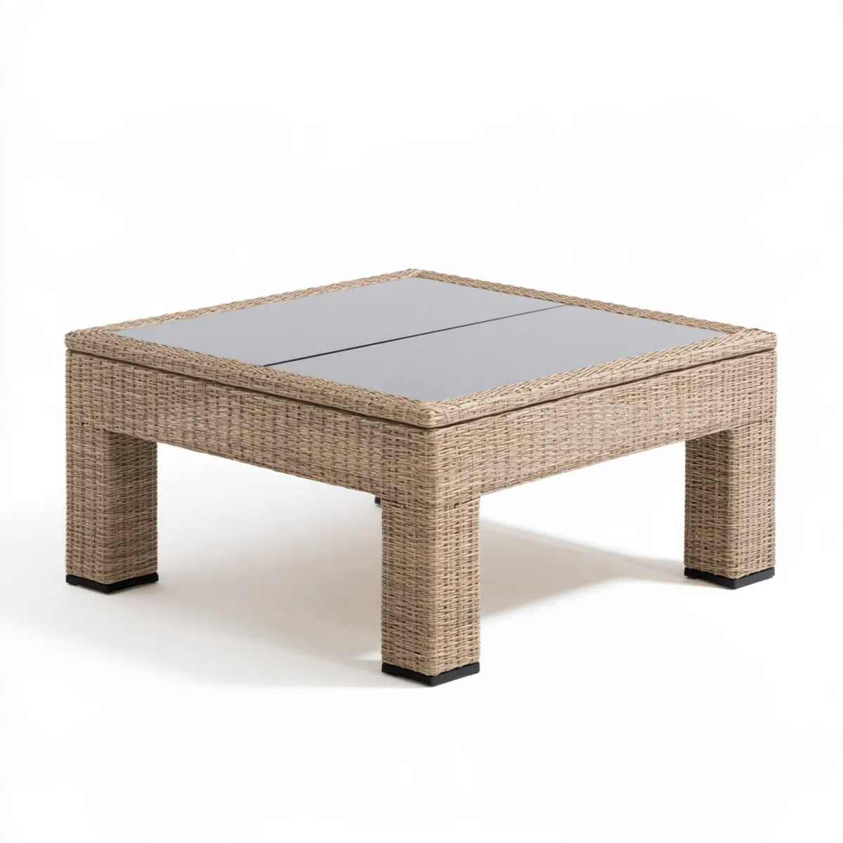 Outdoor Wicker Coffee Table, 100 x 100 x 45 cm, Beige PE Rattan with Tempered Glass Top