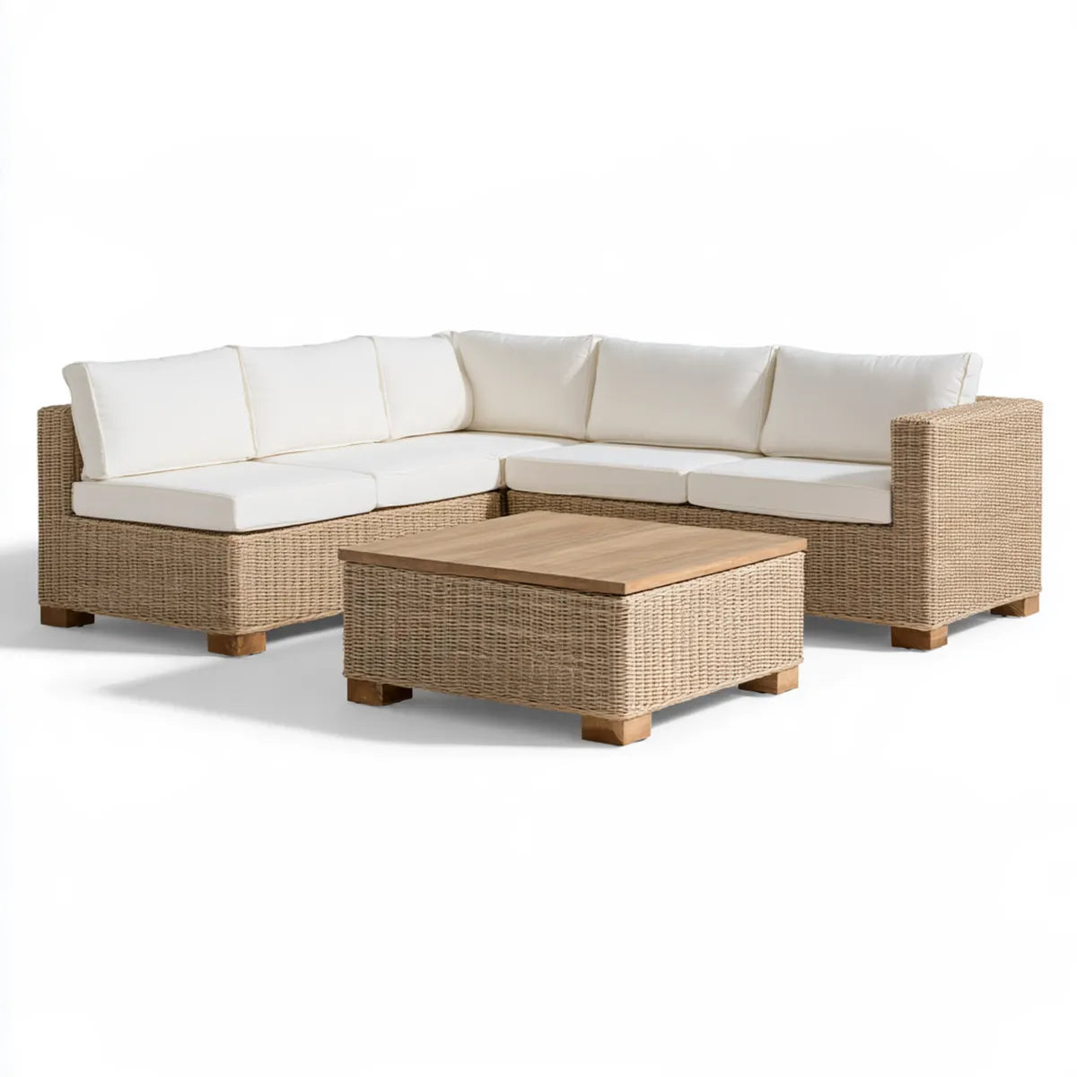 Outdoor 4-Seat L-Shaped Sectional Sofa Set with Coffee Table, 102 x 78 x 32 in, Beige PE Rattan