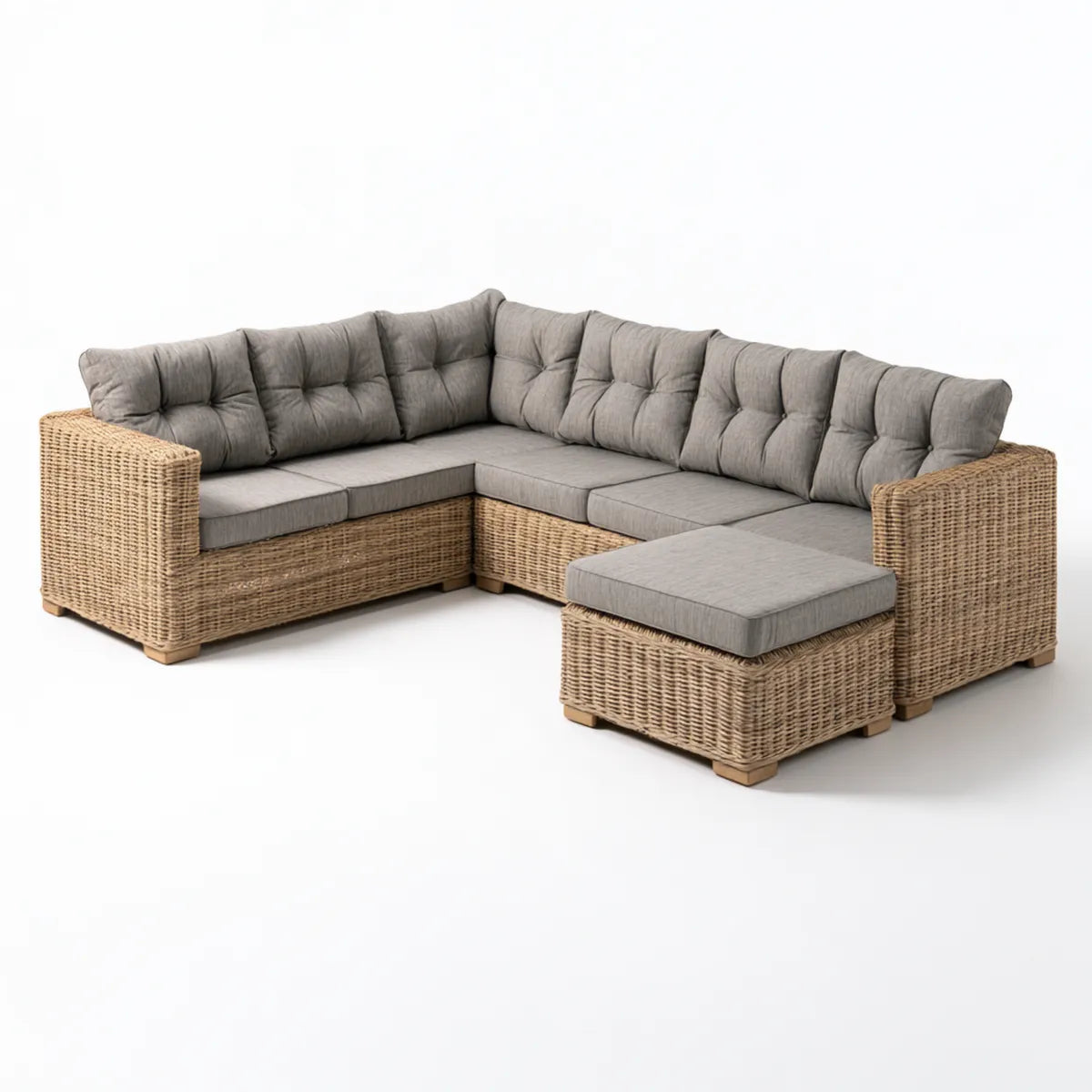 Outdoor PE Rattan L-Shaped Corner Sectional Sofa Set with Ottoman, 280 x 220 x 85 cm, Natural Brown/Gray
