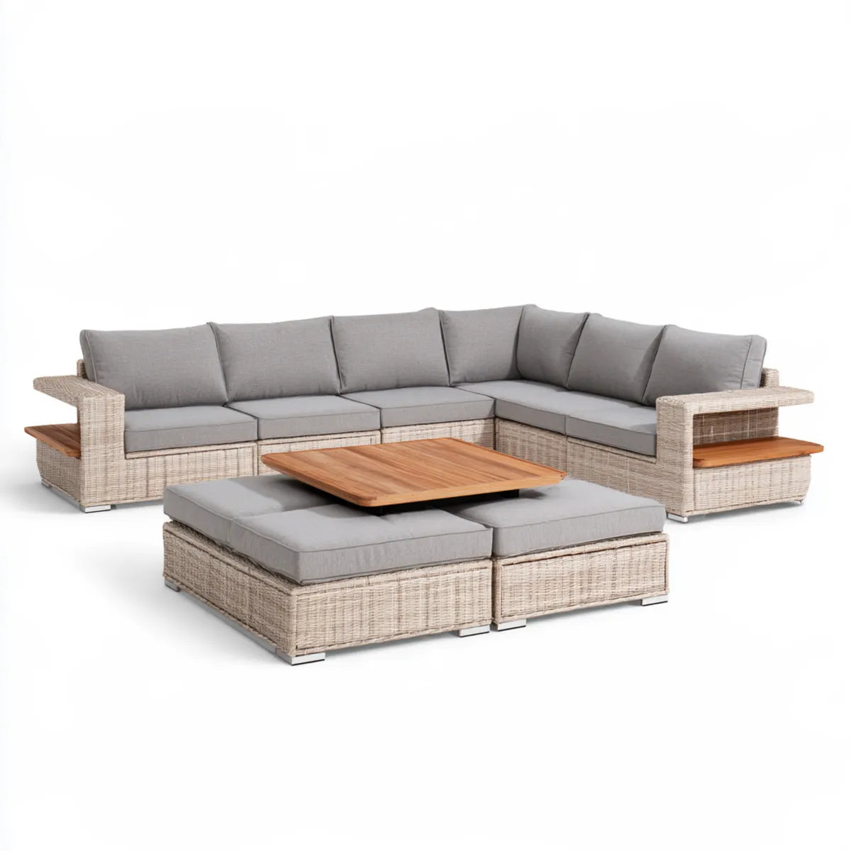 8-Piece Outdoor Patio PE Wicker L-Shaped Sectional Sofa Set with 2 Ottomans and Acacia Wood Tabletop, Beige/Gray/Brown, 126 x 83 x 30 in