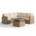 4-Piece Outdoor PE Rattan Corner Sofa Set with Tempered Glass Coffee Table, Natural Brown/Beige, 225 x 225 cm