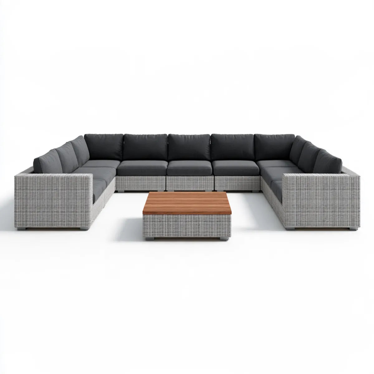 7-Seat U-Shaped Outdoor PE Rattan Sectional Sofa Set with Acacia Wood Coffee Table, 360 x 180 x 75 cm, Gray/Dark Gray/Brown