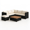 7-Piece Outdoor PE Rattan L-Shaped Sectional Sofa Set with Ottoman and Acacia Wood Coffee Table, Black/Cream, 95.7 x 95.7 x 24.8 in