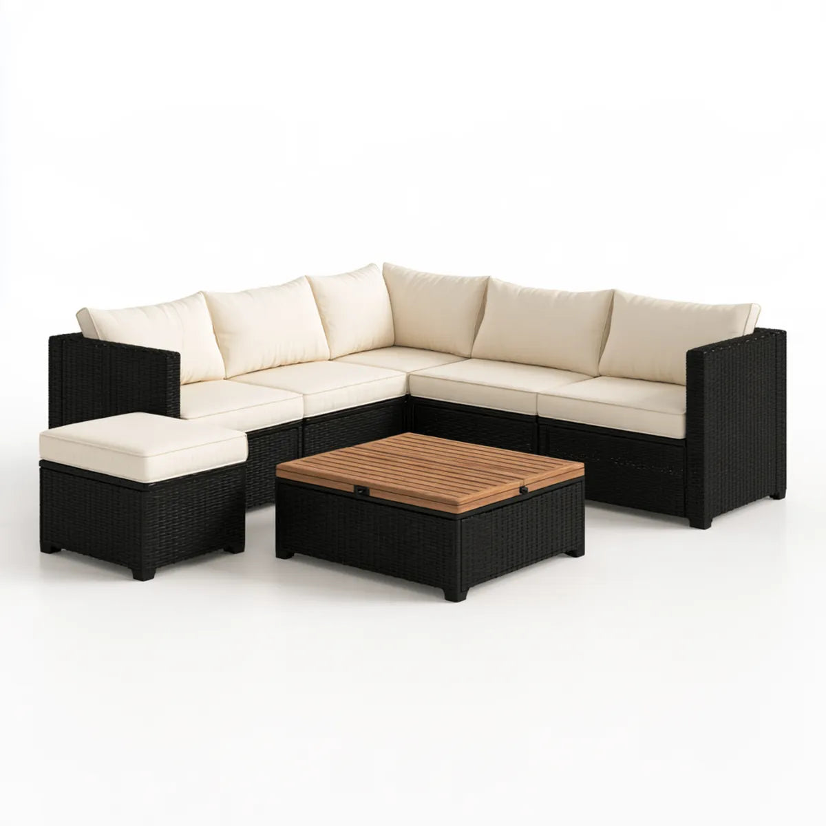 7-Piece Outdoor PE Rattan L-Shaped Sectional Sofa Set with Ottoman and Acacia Wood Coffee Table, Black/Cream, 95.7 x 95.7 x 24.8 in