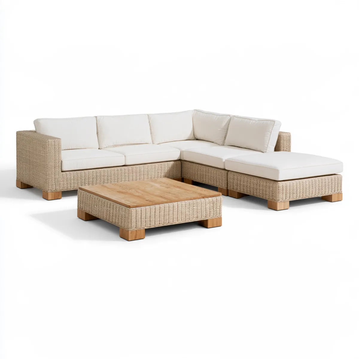 Outdoor L-Shaped PE Rattan Sectional Sofa Set with Coffee Table, 112 x 78 x 32 in, Beige/Ivory/Natural Brown